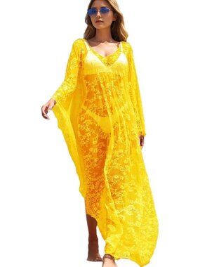Women's Plus Size Sheer Lace Kimono Swimsuit Beach Cover Up-Z Yellow